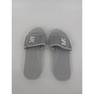 Michael Kors Silver Mesh Slide Sandals Womens 10M MK Logo Adjustable RX20C